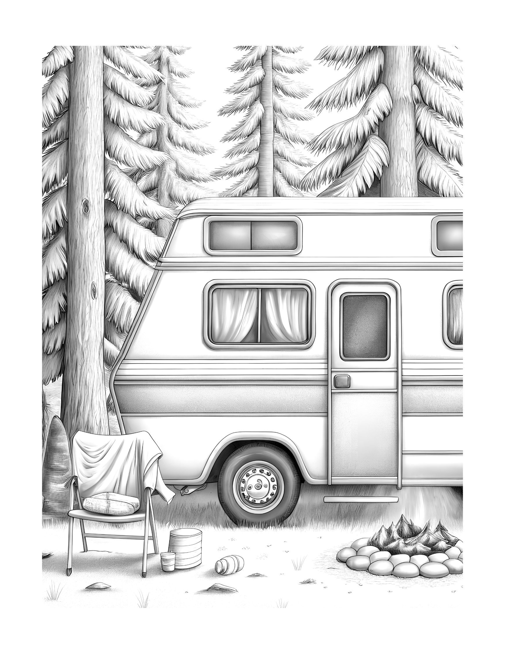 Illustration of a camper van parked among trees with a chair and supplies nearby.