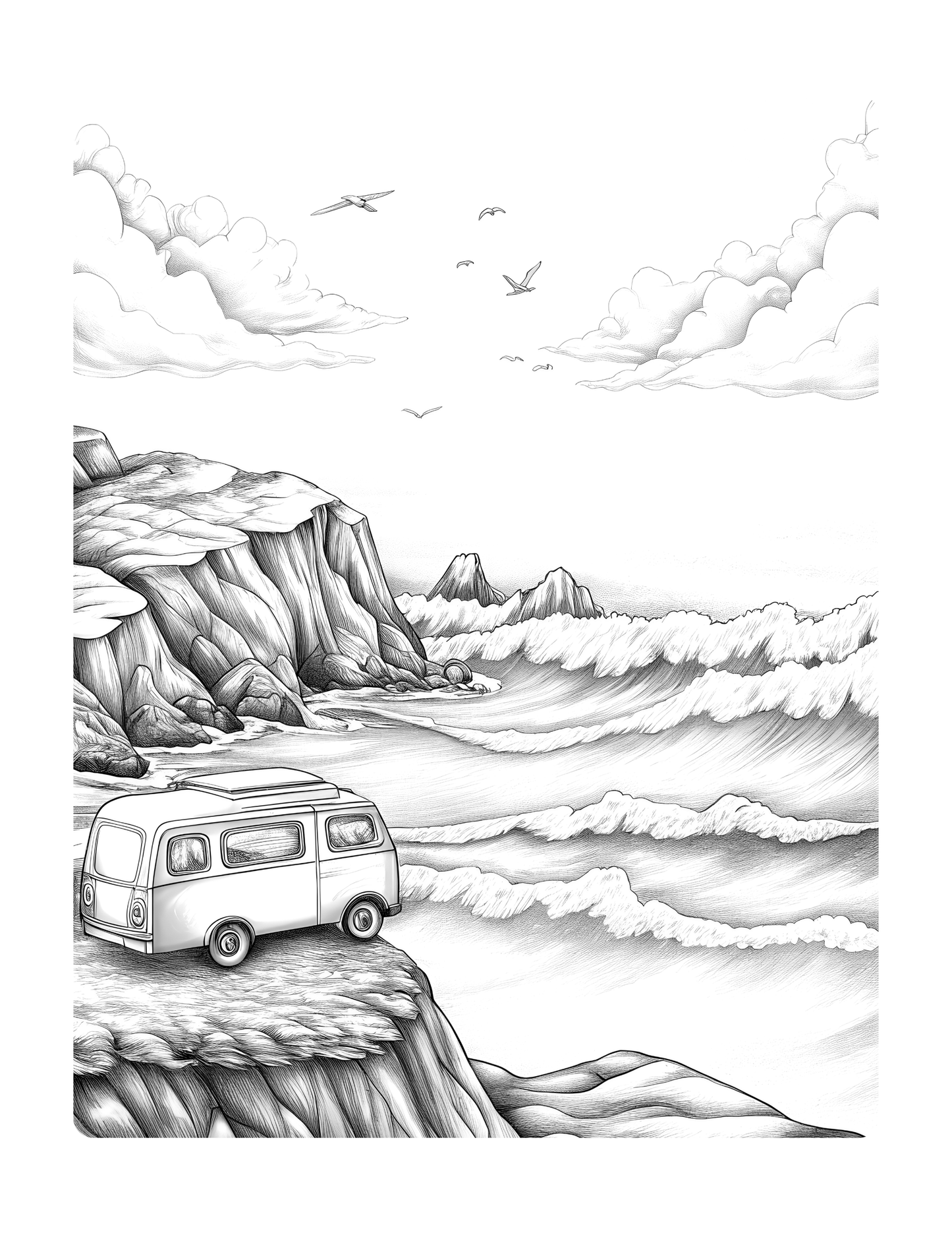 Van on a cliff overlooking a coastal landscape with waves and cliffs.