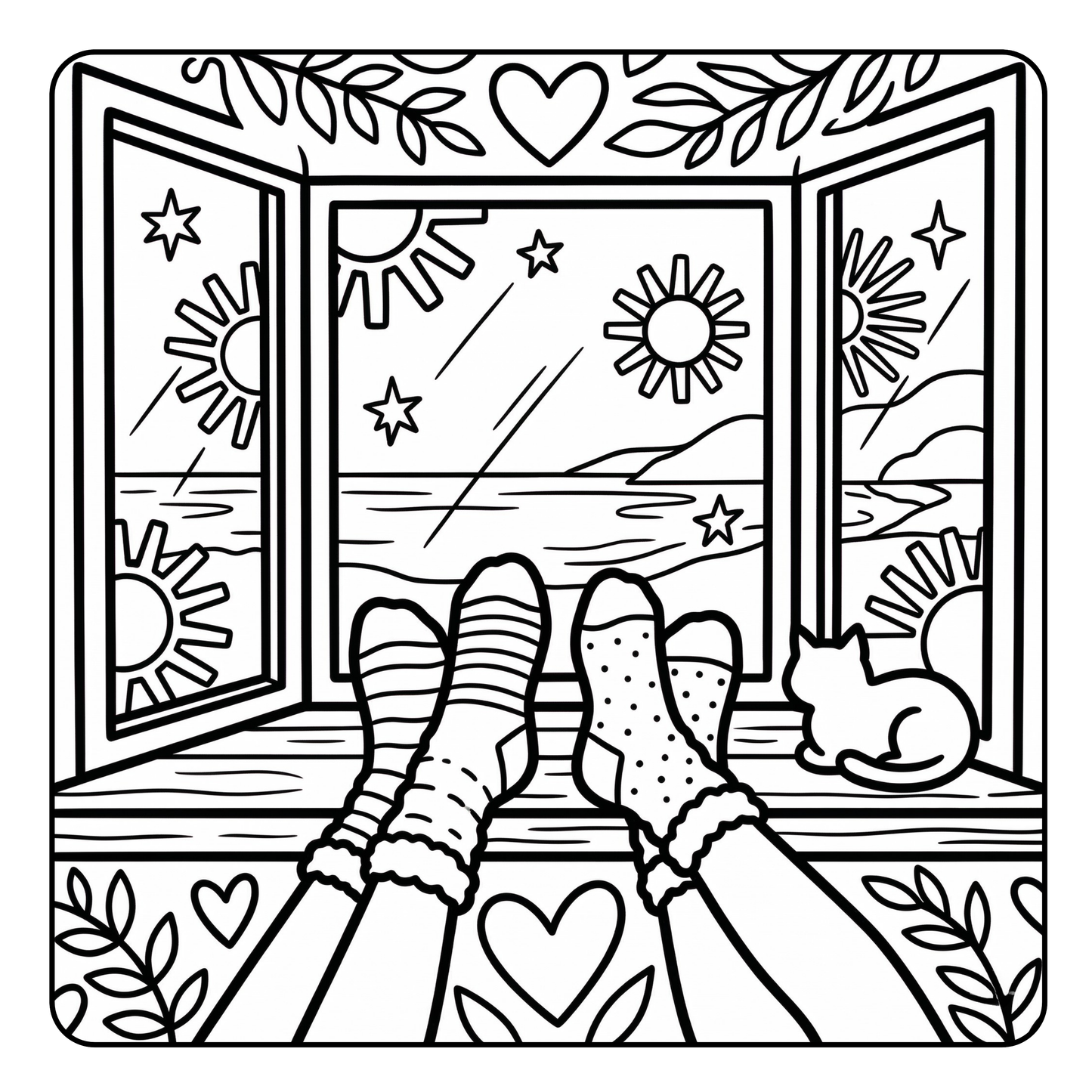 Coloring page with hands by a window, sun, and cat illustration.