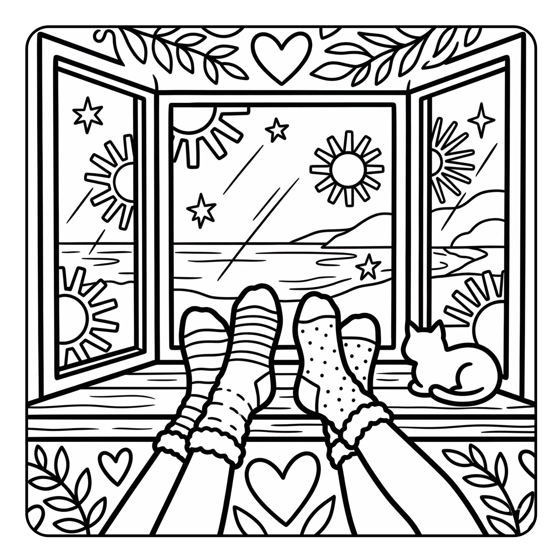 Coloring page with hands by a window, sun, and cat illustration.