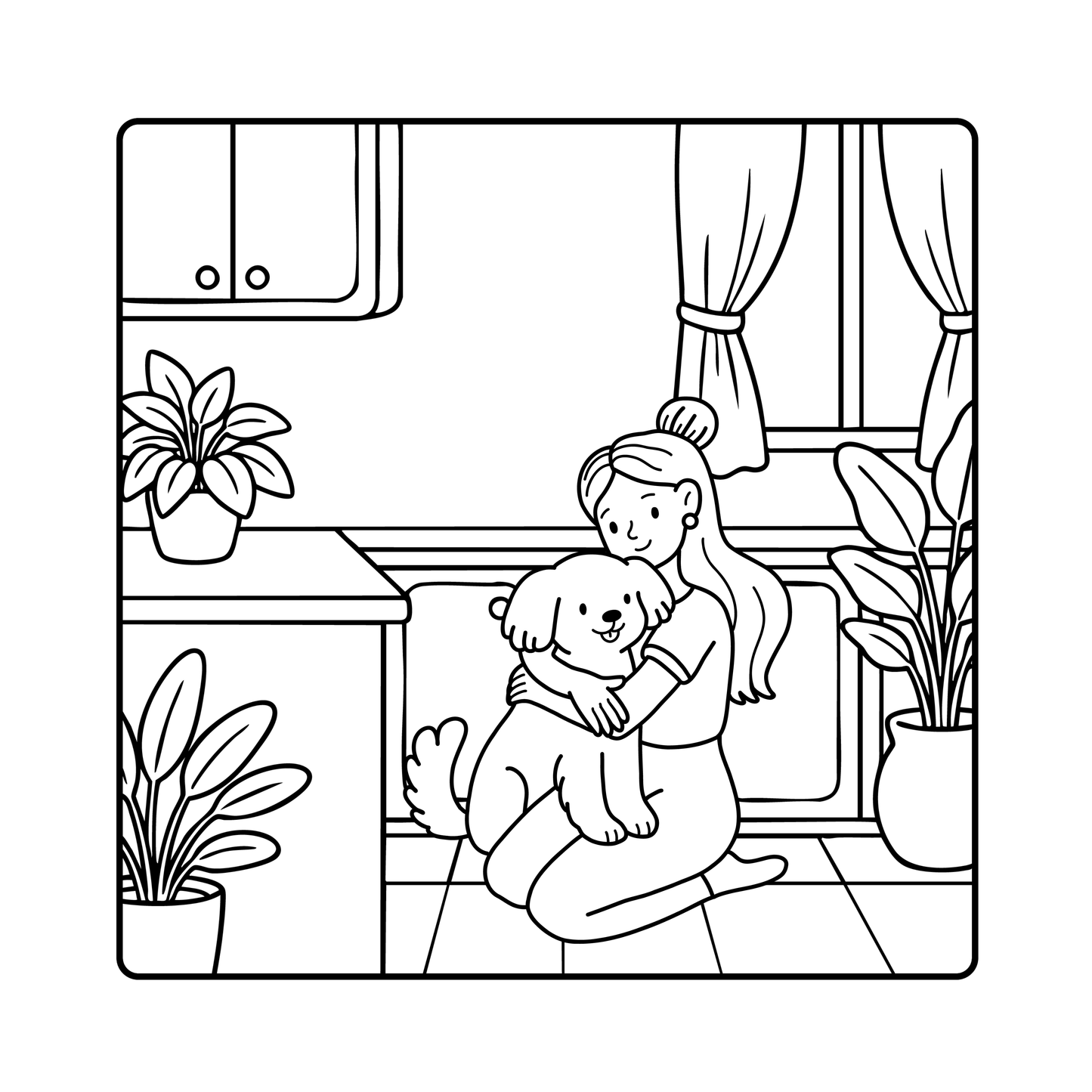 Black and white line art illustration of a woman hugging a small dog in a cozy room with plants, curtains, and windows.