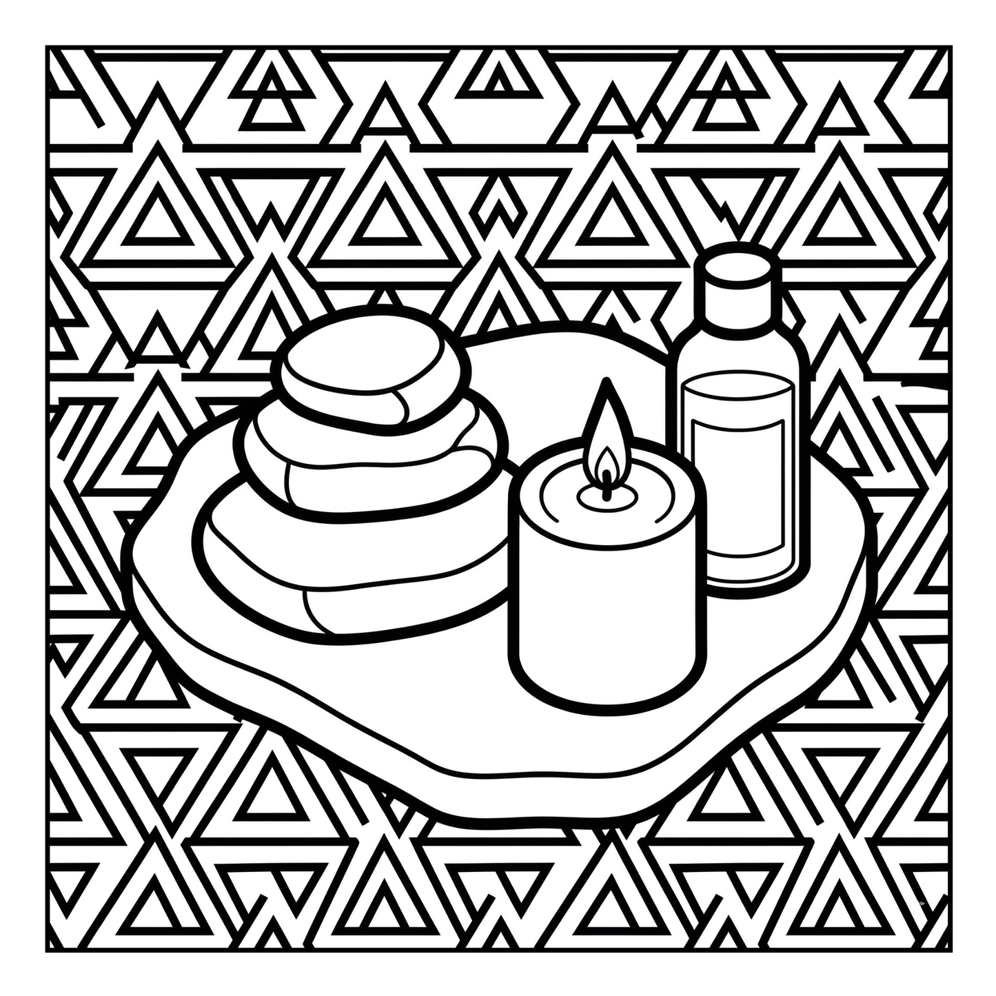 Black and white illustration of stones, a candle, and a bottle on a geometric patterned background