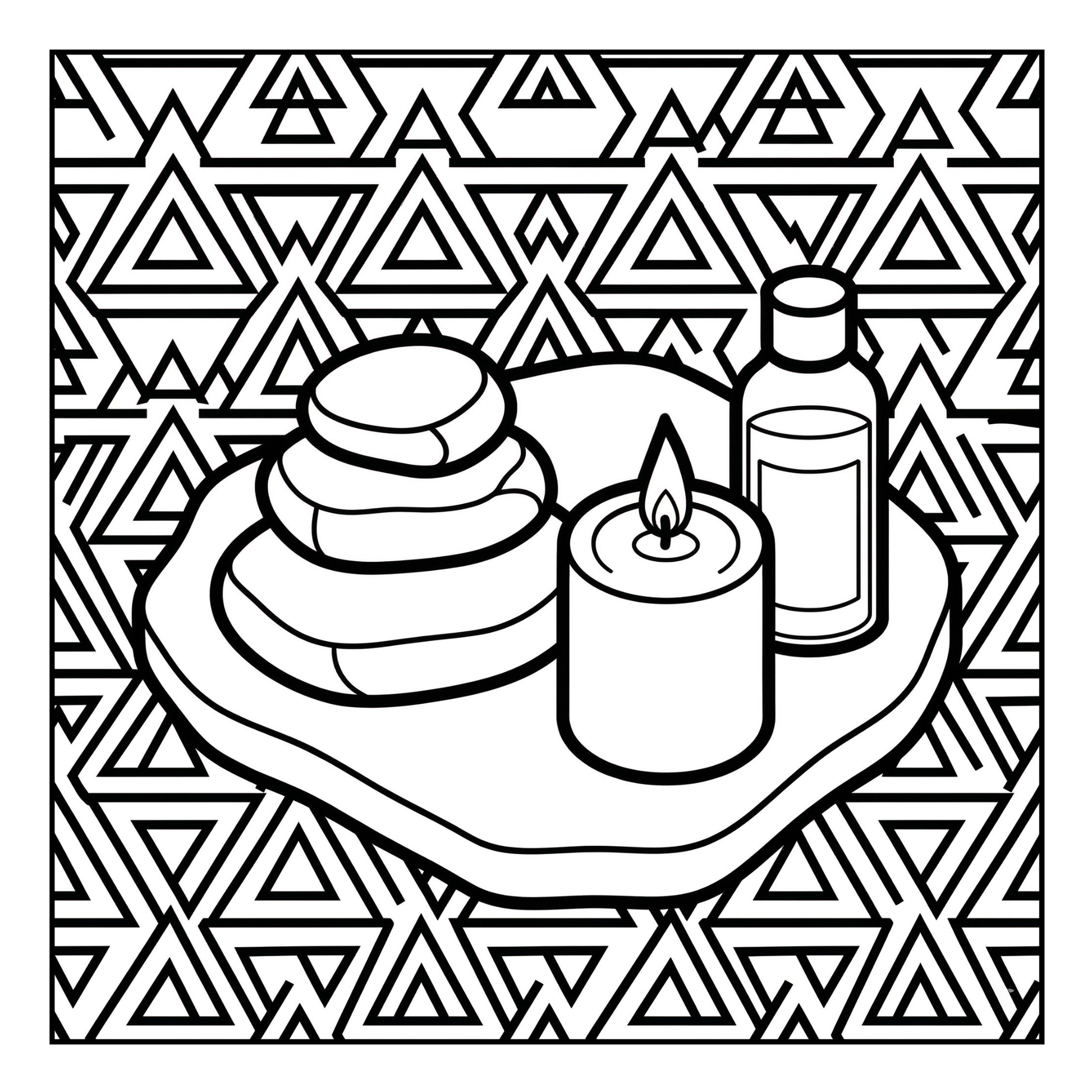 Black and white illustration of stones, a candle, and a bottle on a geometric patterned background