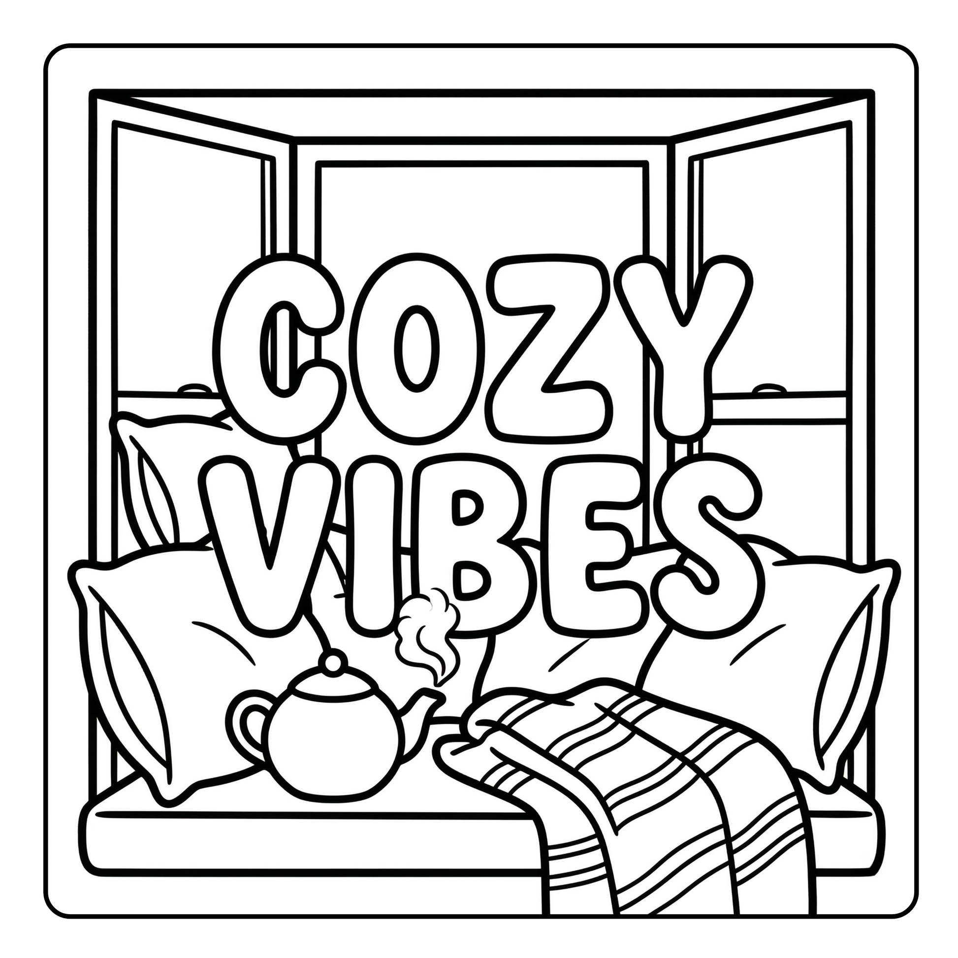 Illustration of a cozy room with 'Cozy Vibes' text, pillows, a teapot, and a blanket.