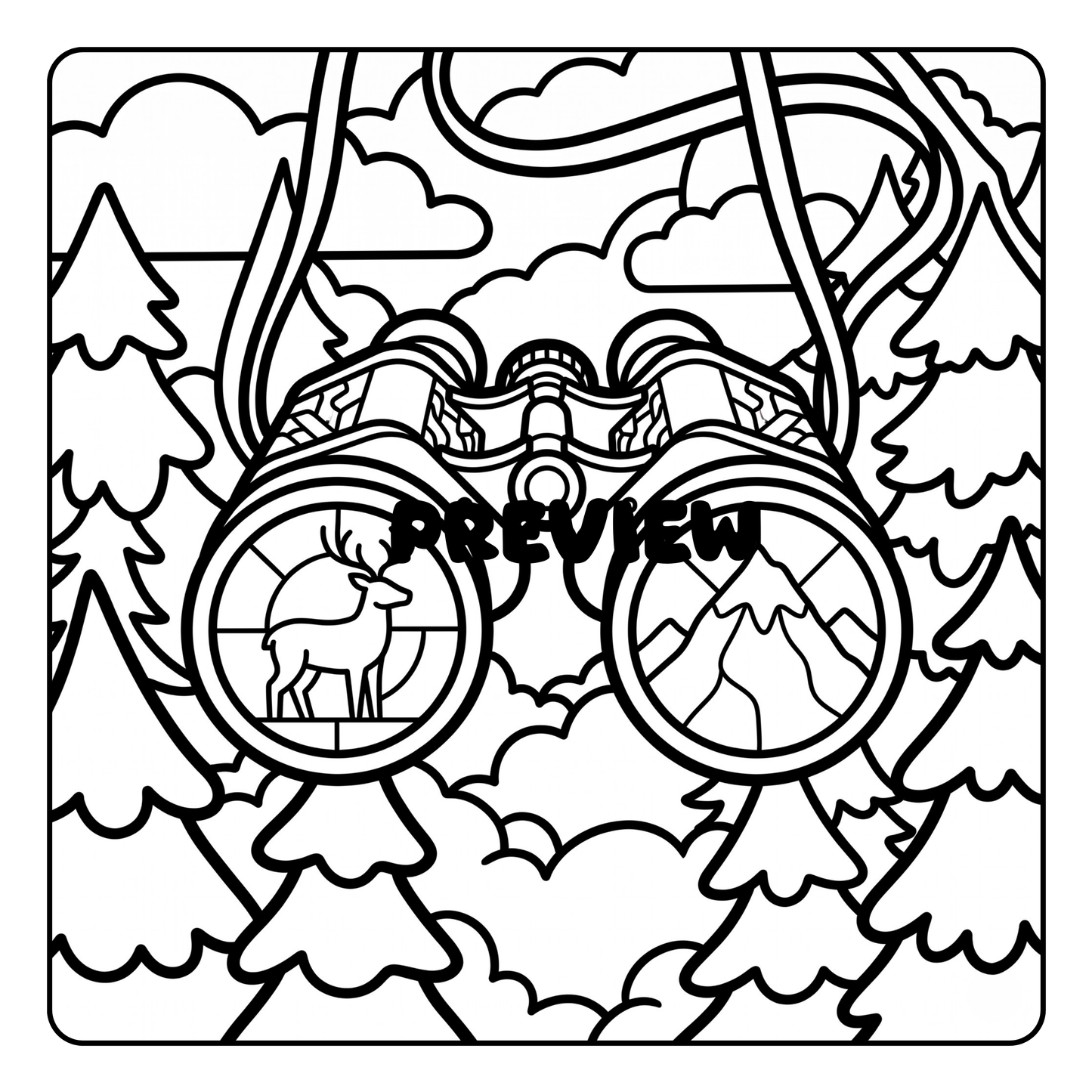 Black and white illustration of binoculars with a deer and mountain design, surrounded by trees, with 'PREVIEW' text by CMH Publishing.