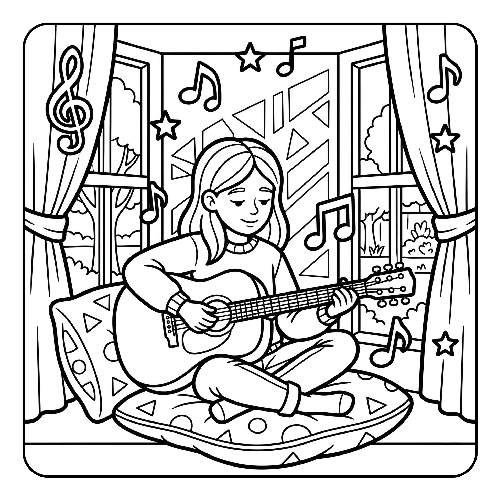 Illustration of a girl playing guitar in a room with musical decorations.