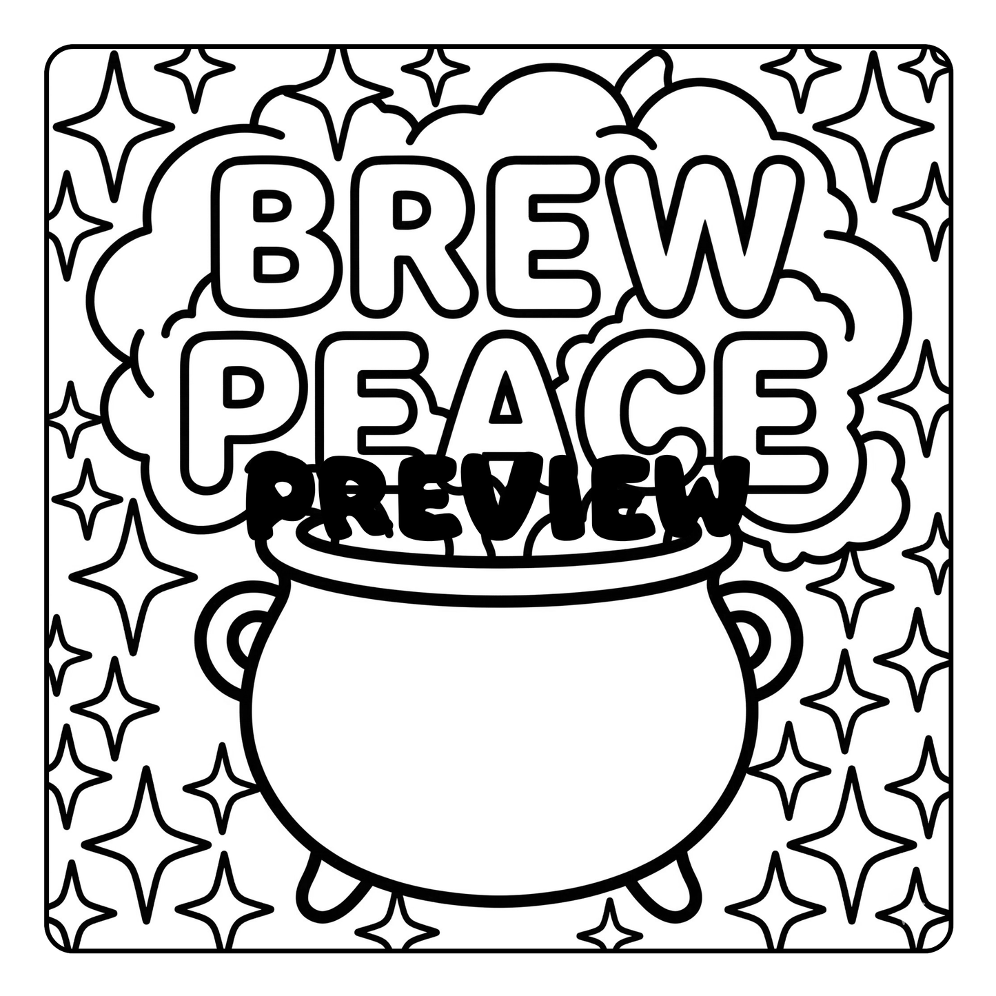 Black and white illustration of a pot with 'Brew Peace' text on a star-patterned background