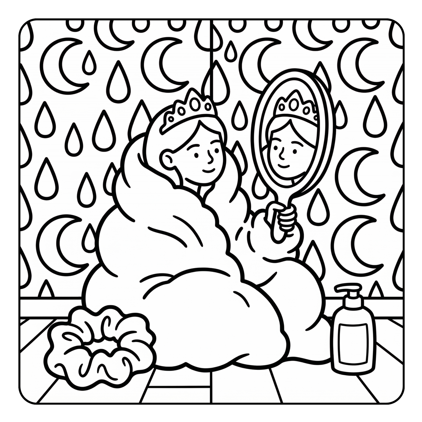 Black and white illustration of a princess looking into a mirror with raindrop and moon patterned background.