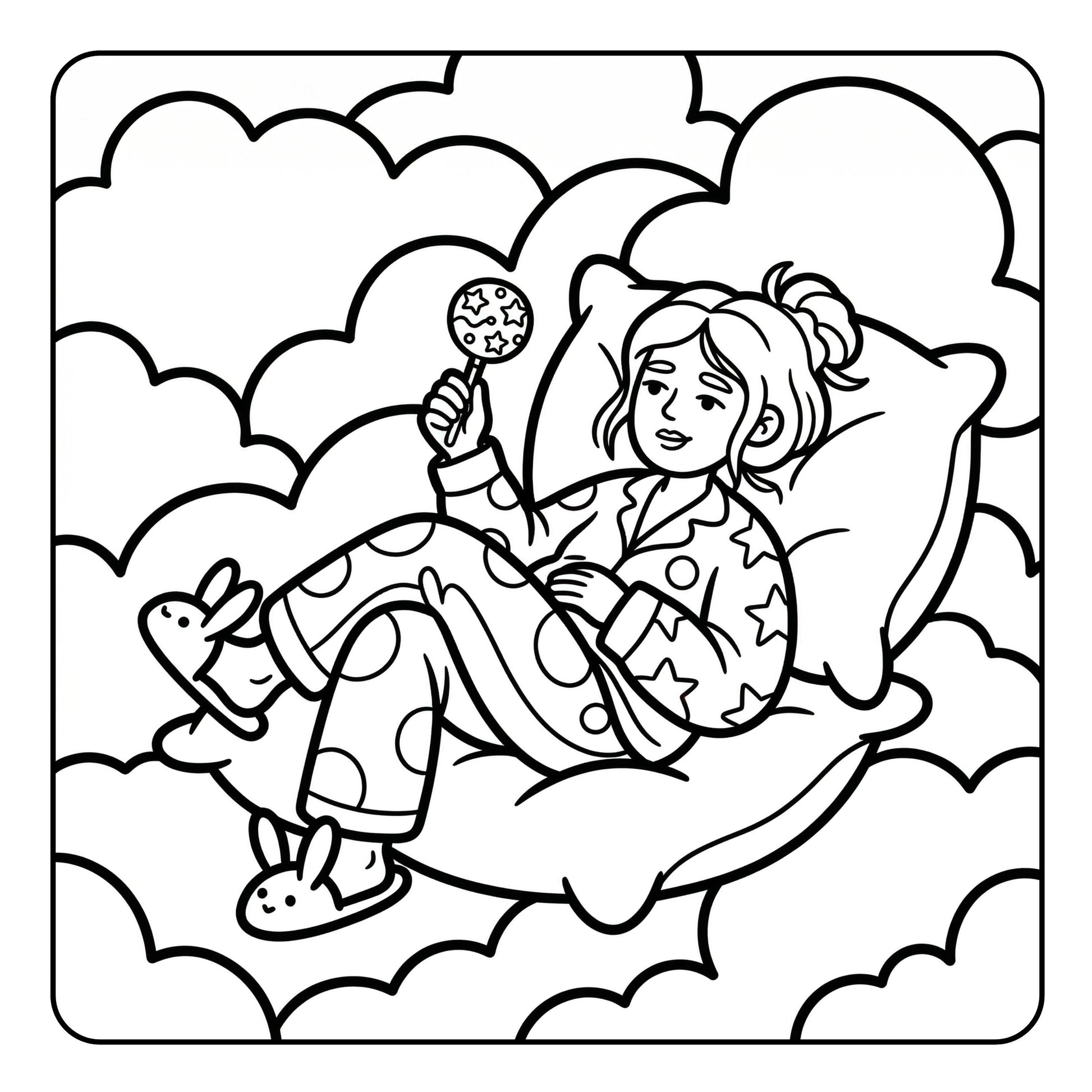 Black and white illustration of a child in pajamas sitting on a cloud, holding a cake pop.
