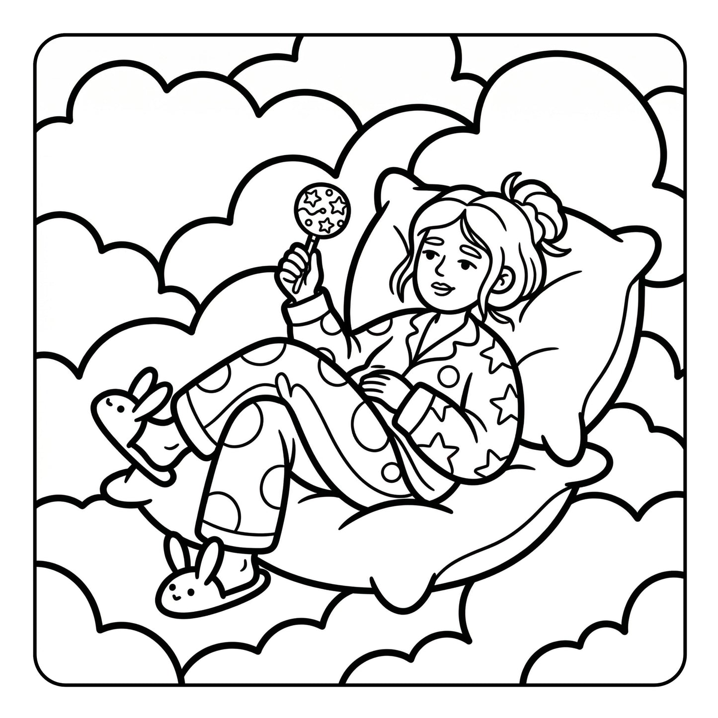 Black and white illustration of a child in pajamas sitting on a cloud, holding a cake pop.