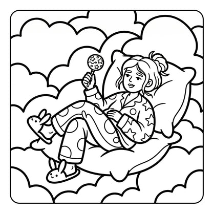 Black and white illustration of a child in pajamas sitting on a cloud, holding a cake pop.