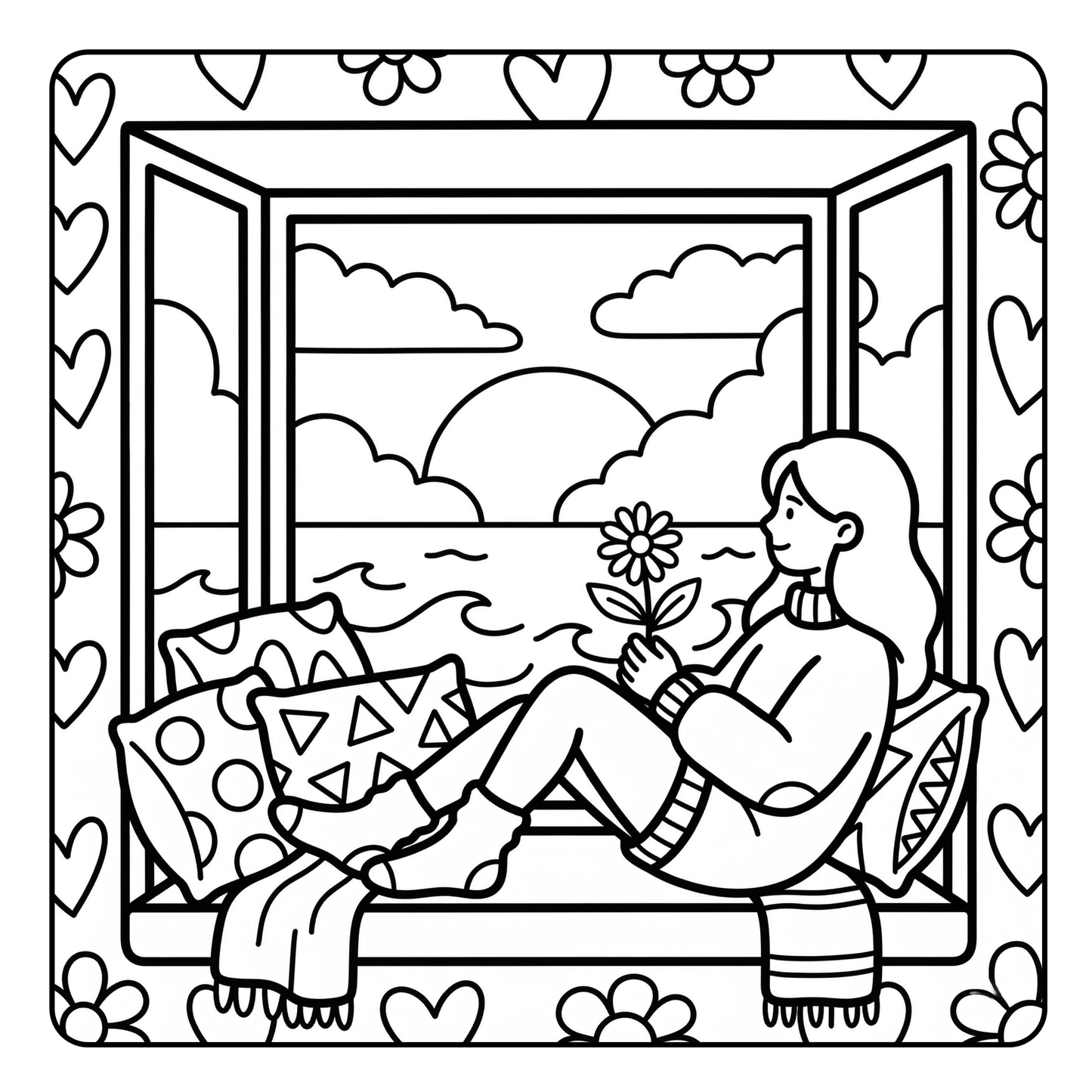 Illustration of a woman sitting by a window holding a flower, surrounded by decorative elements.
