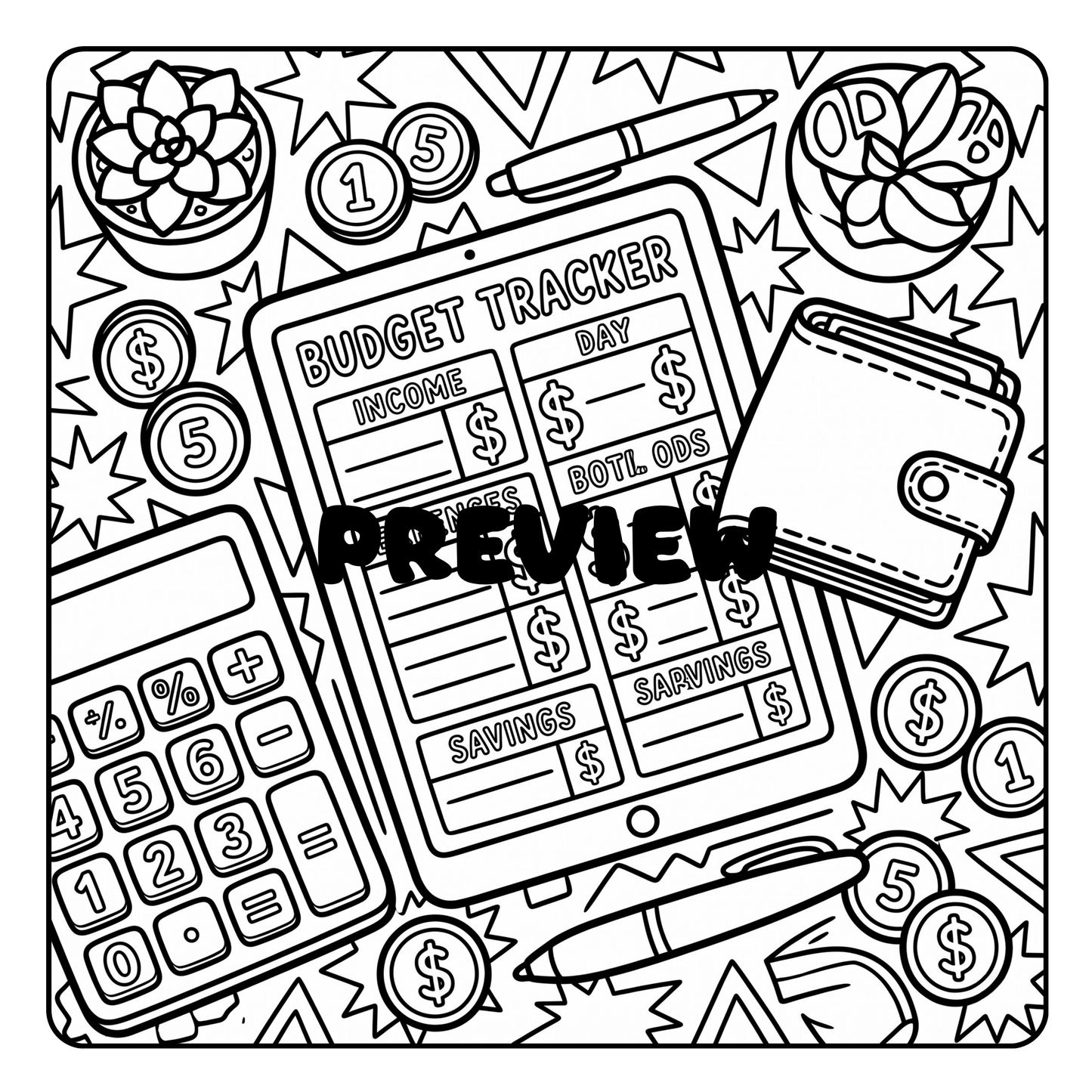 Black and white coloring page of a budget tracker with various financial items around it by CMH Publishing.