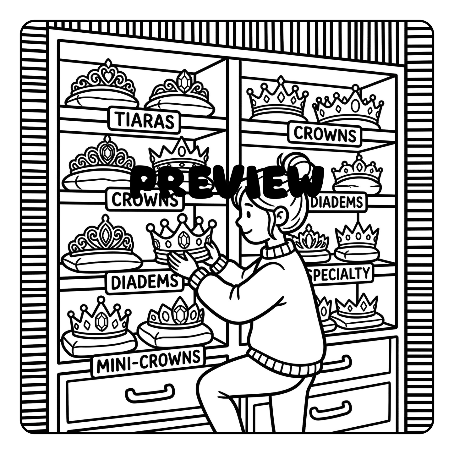 Interior preview pages from 'Crowned in Comfort Coloring Book' — printable digital PDF coloring book by CMH Publishing