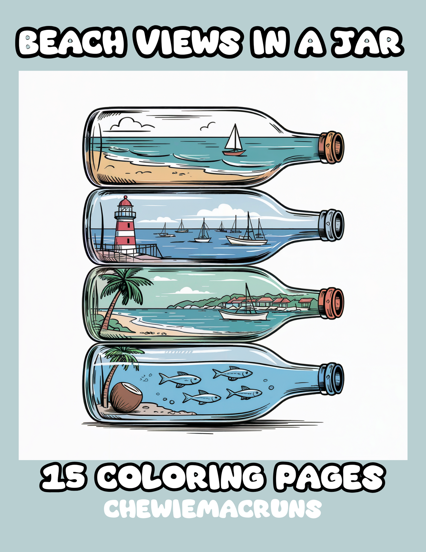 Beach Views Coloring Pages | Views from Jars Lantern and More | Stress Relief Relaxation Activity for Teens Adults | Digital Printable PDF