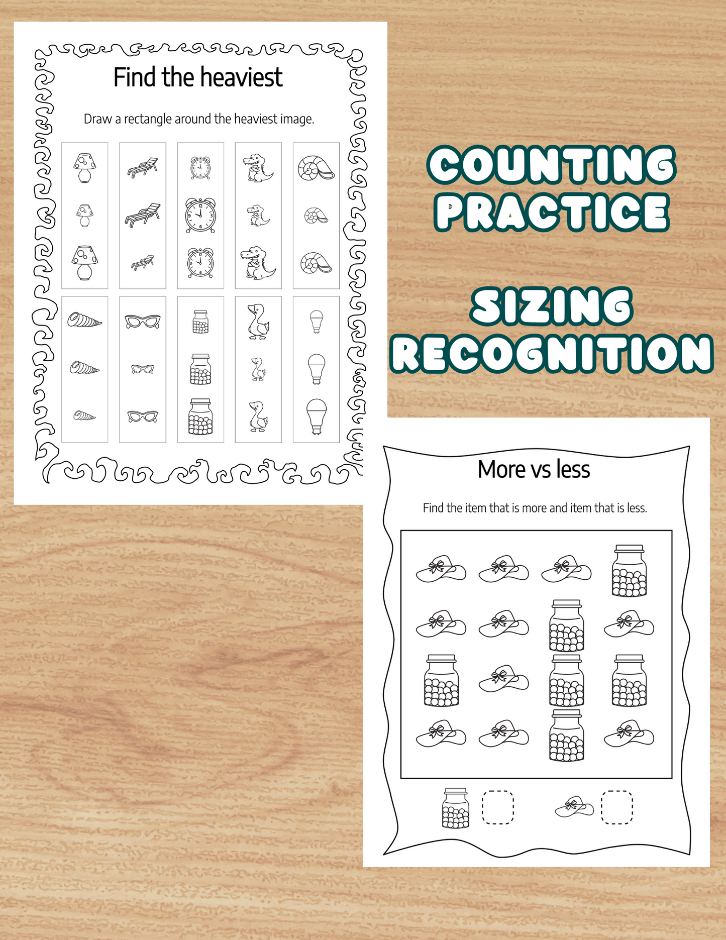 Preschool Kindergarten Worksheets | 120 Pages Book Learn Sizes More Less, Counting | Solutions Provided