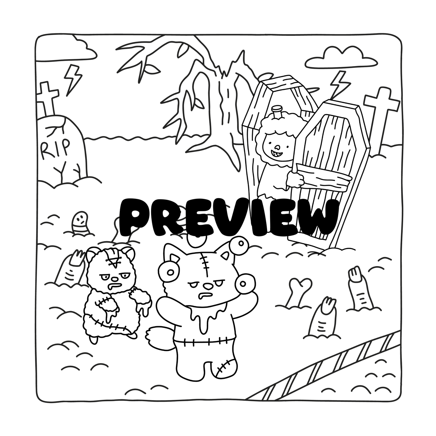 Cozy Zombie Friends PDF Coloring Book | 20 Hand-Drawn Scenes