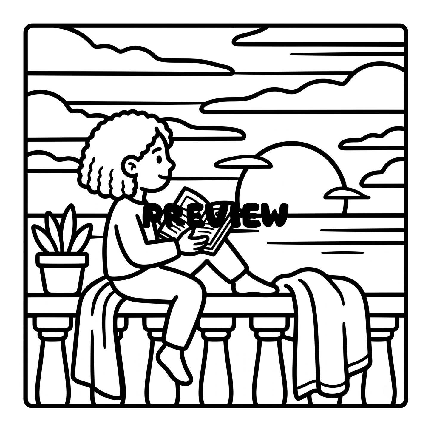 Black and white line drawing of a person reading a book on a bench with a scenic background by CMH Publishing.