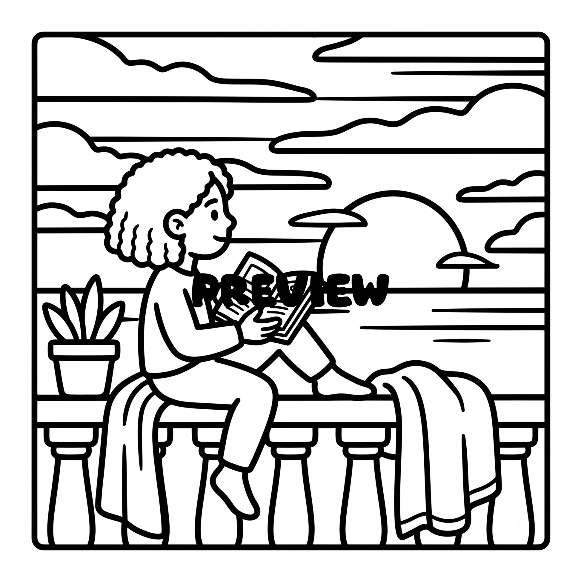 Black and white line drawing of a person reading a book on a bench with a scenic background by CMH Publishing.
