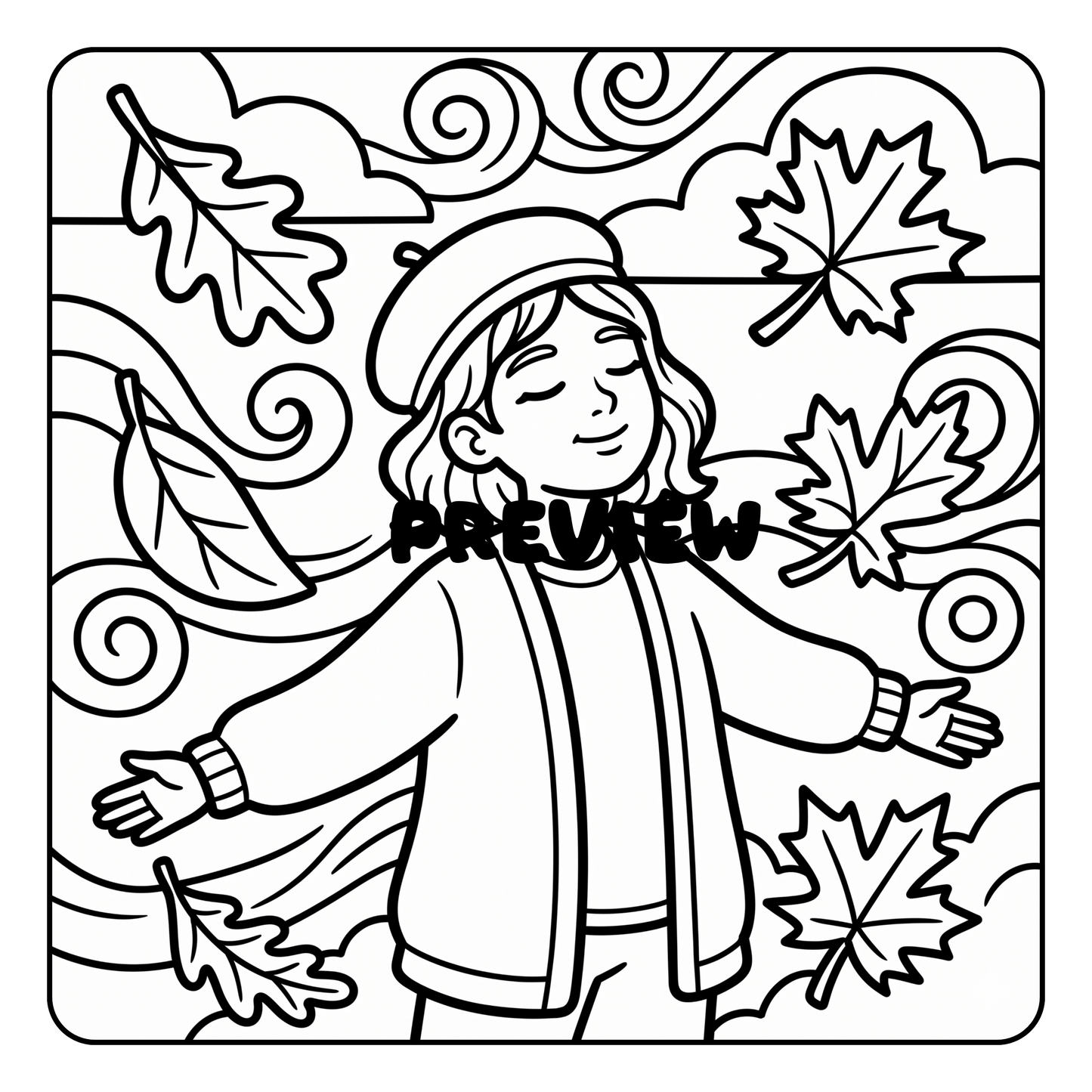 Black and white illustration of a person with autumn leaves and swirling patterns, labeled 'PREVIEW'.