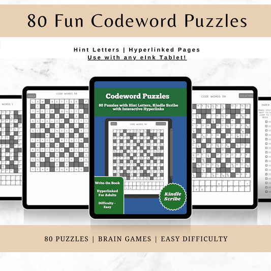 Packaging of '80 Fun Codeword Puzzles' with a tablet displaying the app on a light background by Lillian Jacobs.