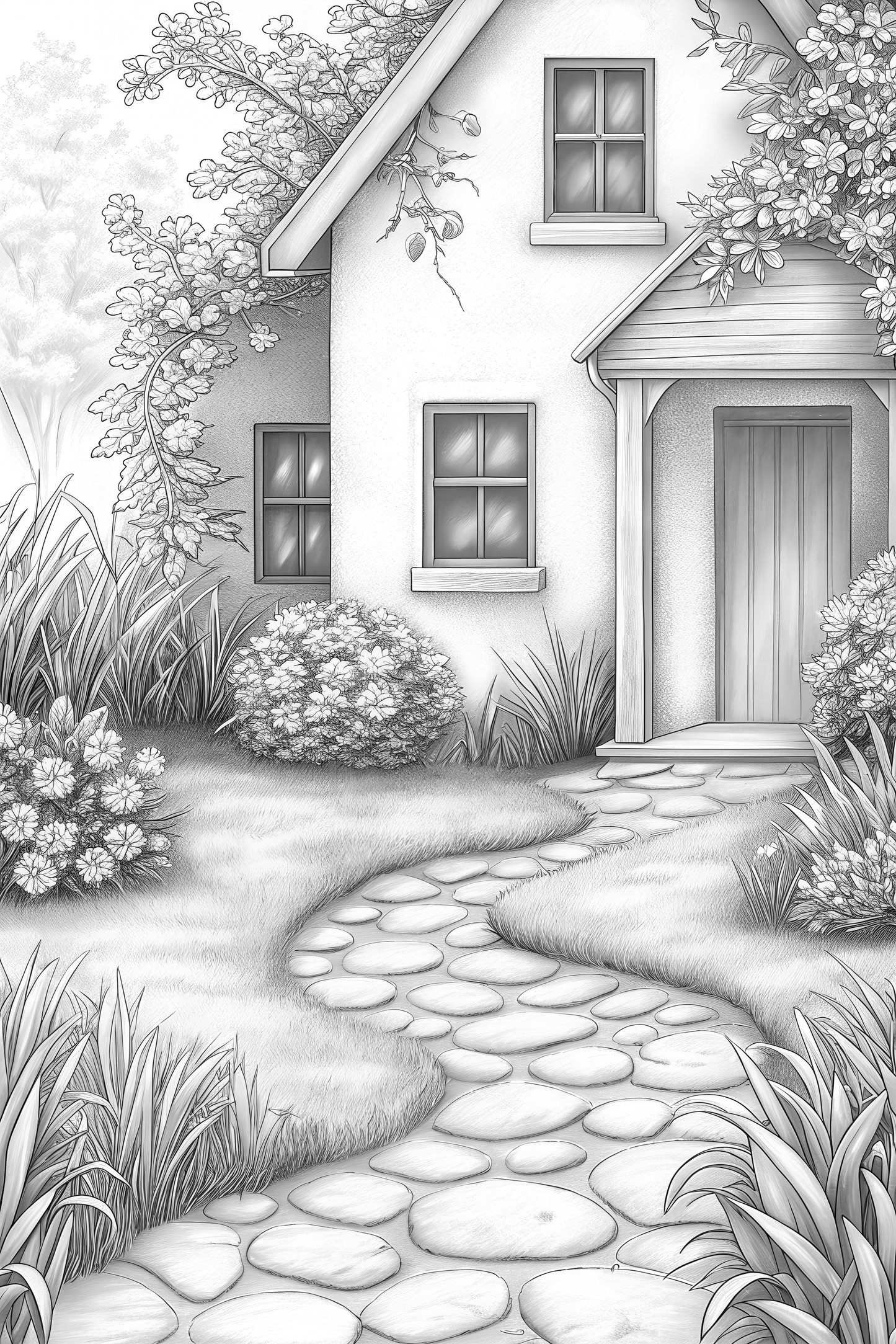Country Homes & Gardens Grayscale Coloring Book for Adults, PDF Version