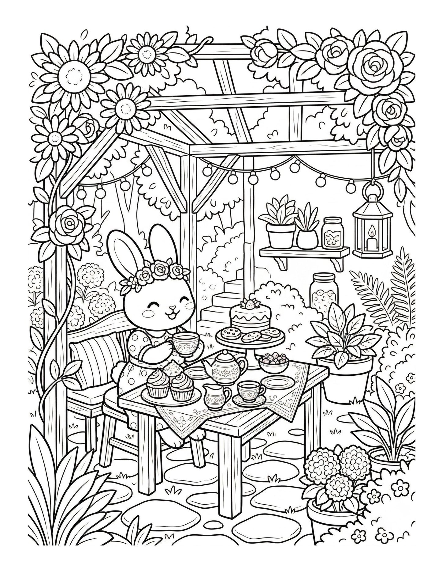 Interior preview page from 'Cozy Garden Tea Parties' — printable digital PDF coloring book by CMH Publishing