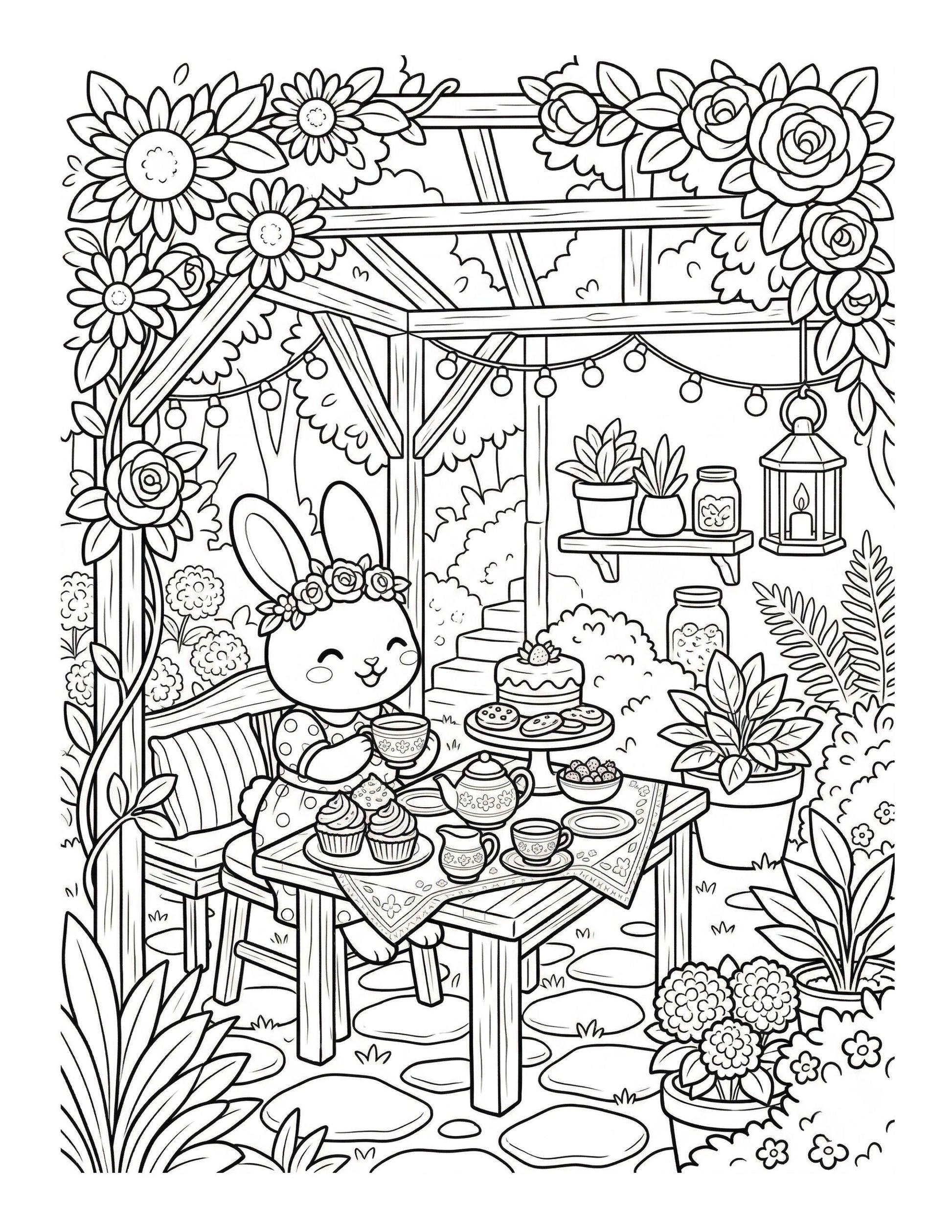 Interior preview page from 'Cozy Garden Tea Parties' — printable digital PDF coloring book by CMH Publishing