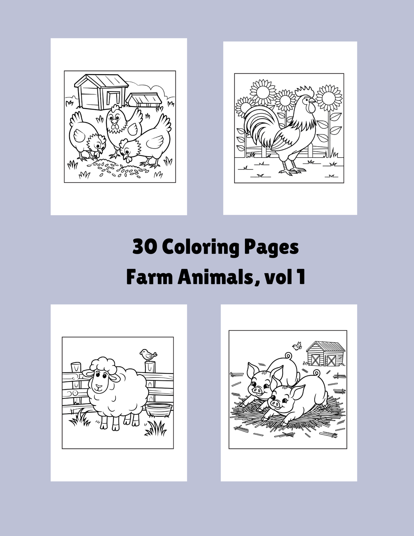 Cozy Farm Bold and Easy Coloring Book for Kids | Set of 30 Coloring Pages of Farm Animals| Instant PDF Digital Download