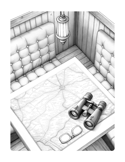 Greyscale coloring page of a room with binoculars on a table