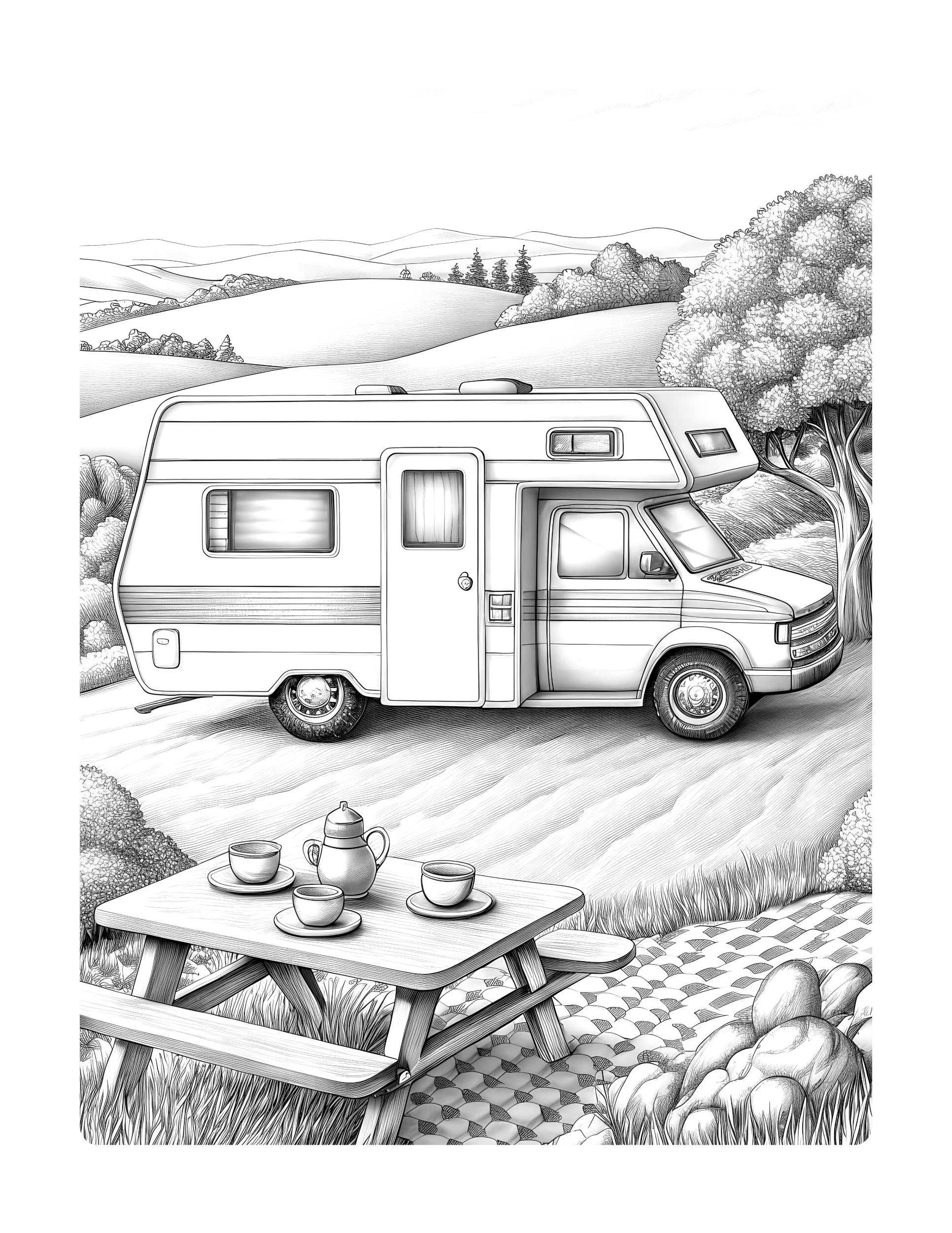 Illustration of a camper van parked in a scenic outdoor setting with a picnic table and tea set.