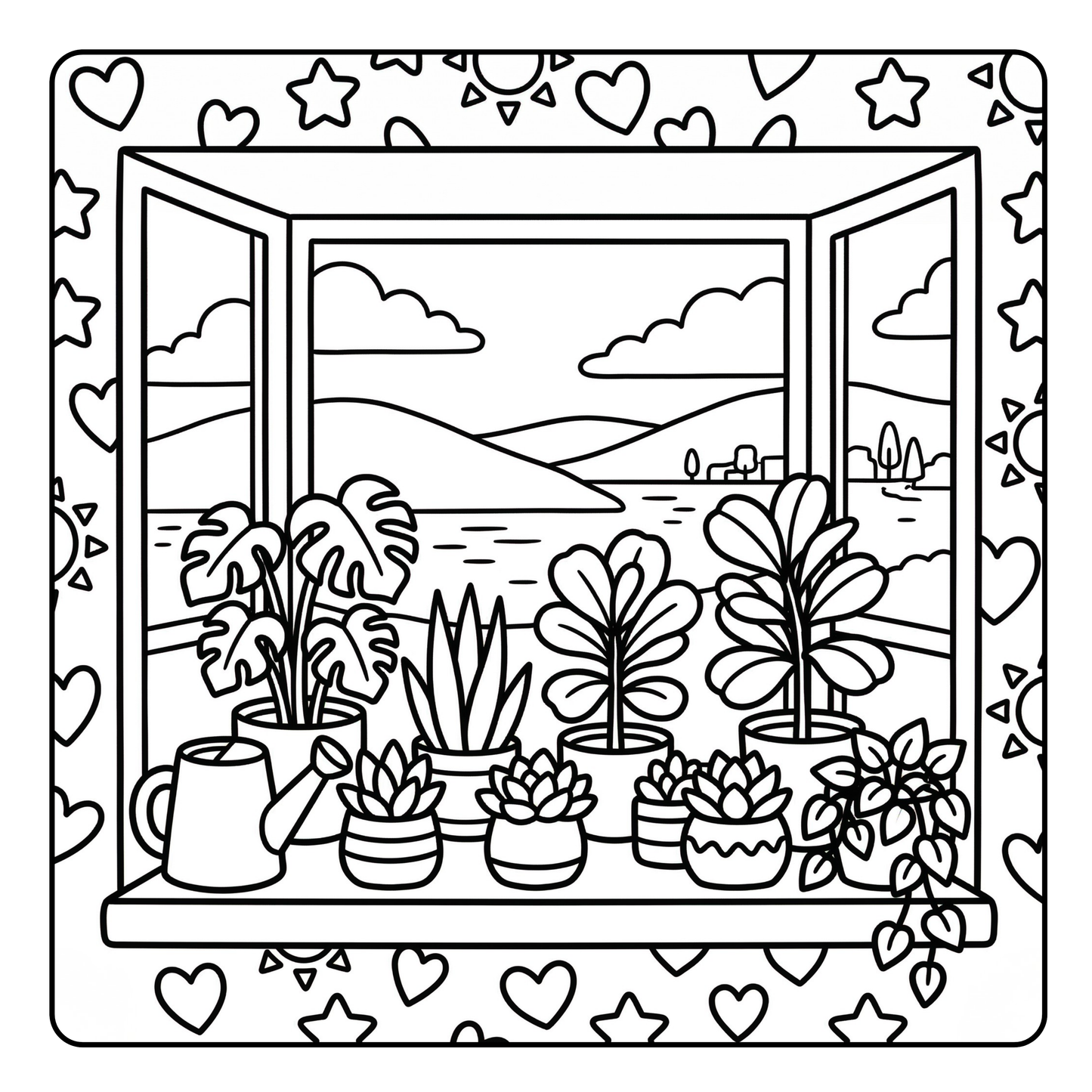 Illustration of a window sill with plants and a scenic view, surrounded by decorative elements.