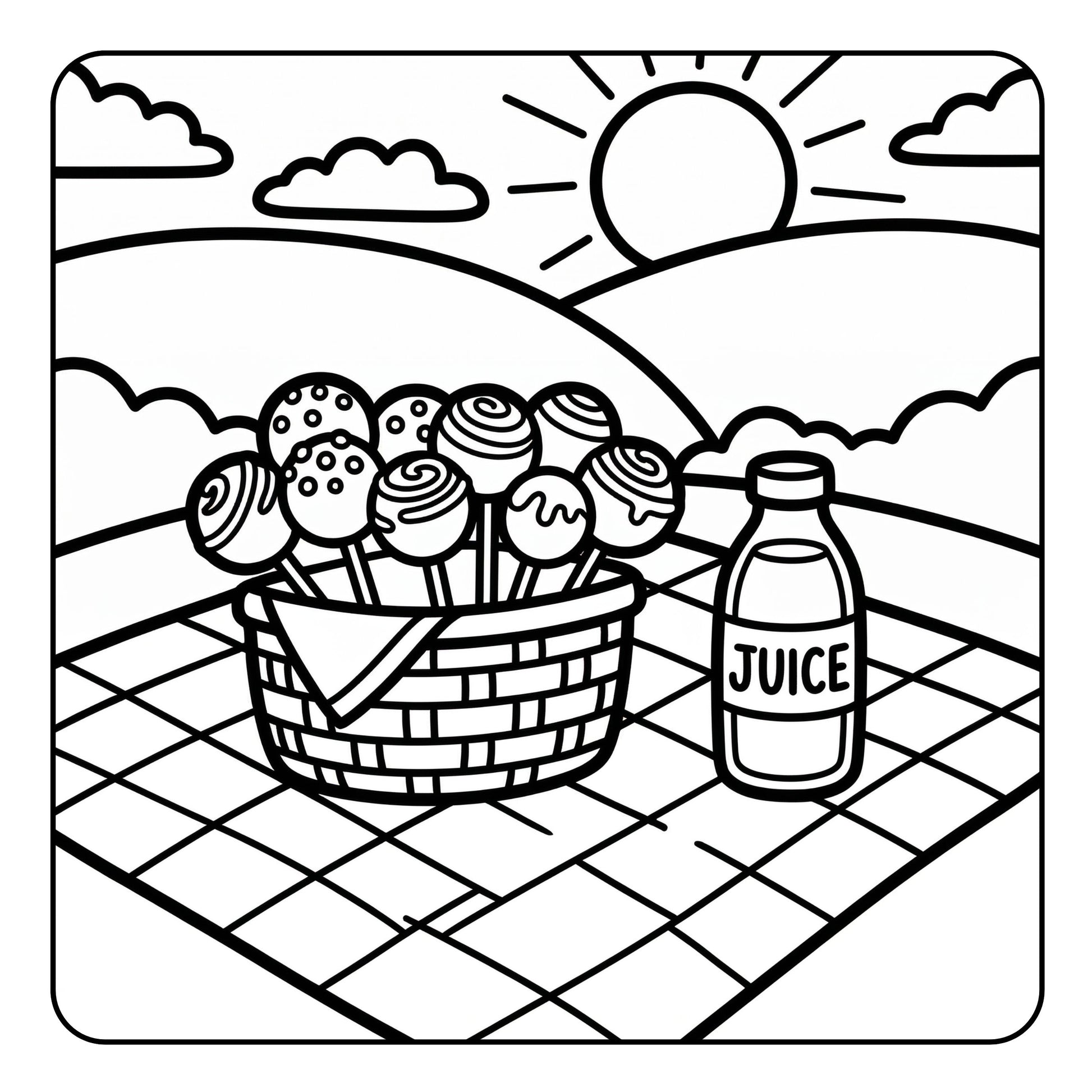 Black and white illustration of a picnic scene with a basket of cake pops and a bottle of juice on a checkered tablecloth.