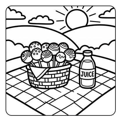 Black and white illustration of a picnic scene with a basket of cakepops and a bottle of juice on a checkered tablecloth.