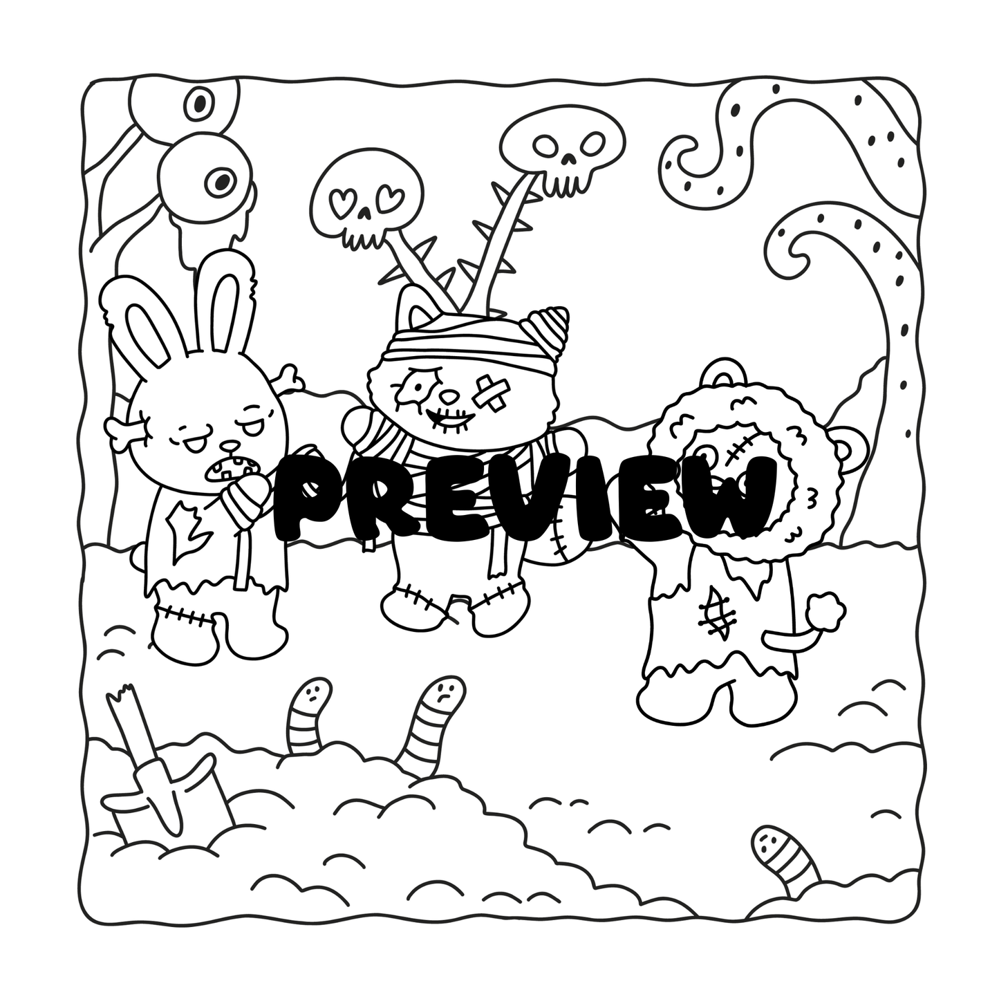 Cozy Zombie Friends PDF Coloring Book | 20 Hand-Drawn Scenes