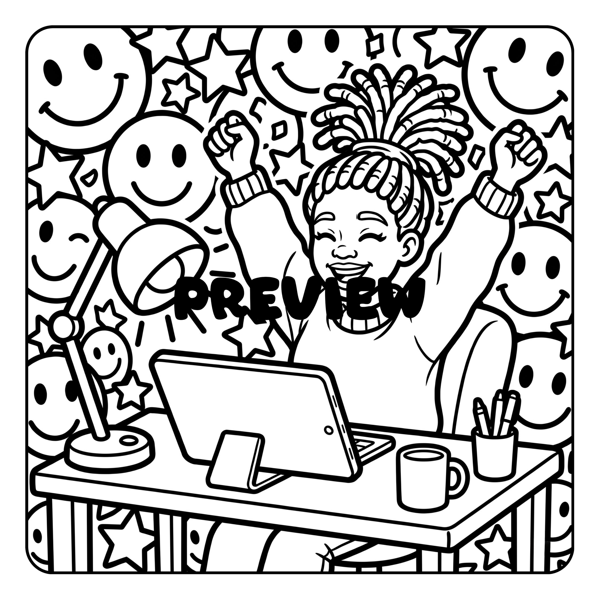 Black and white illustration of a person at a desk with a laptop, surrounded by smiley faces and stars, with 'PREVIEW' text overlay by CMH Publishing.