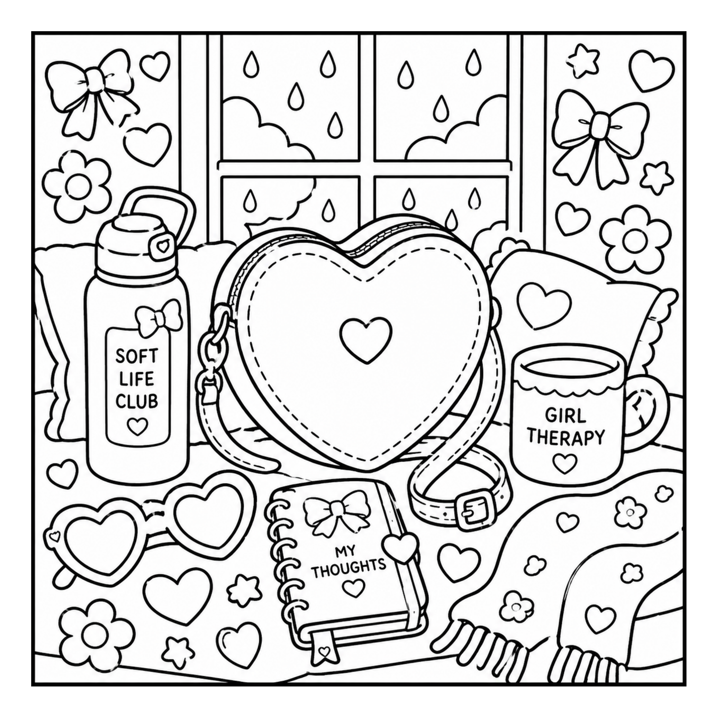 Coloring page with heart-themed items including a water bottle, mug, and notebook by CMH Publishing.