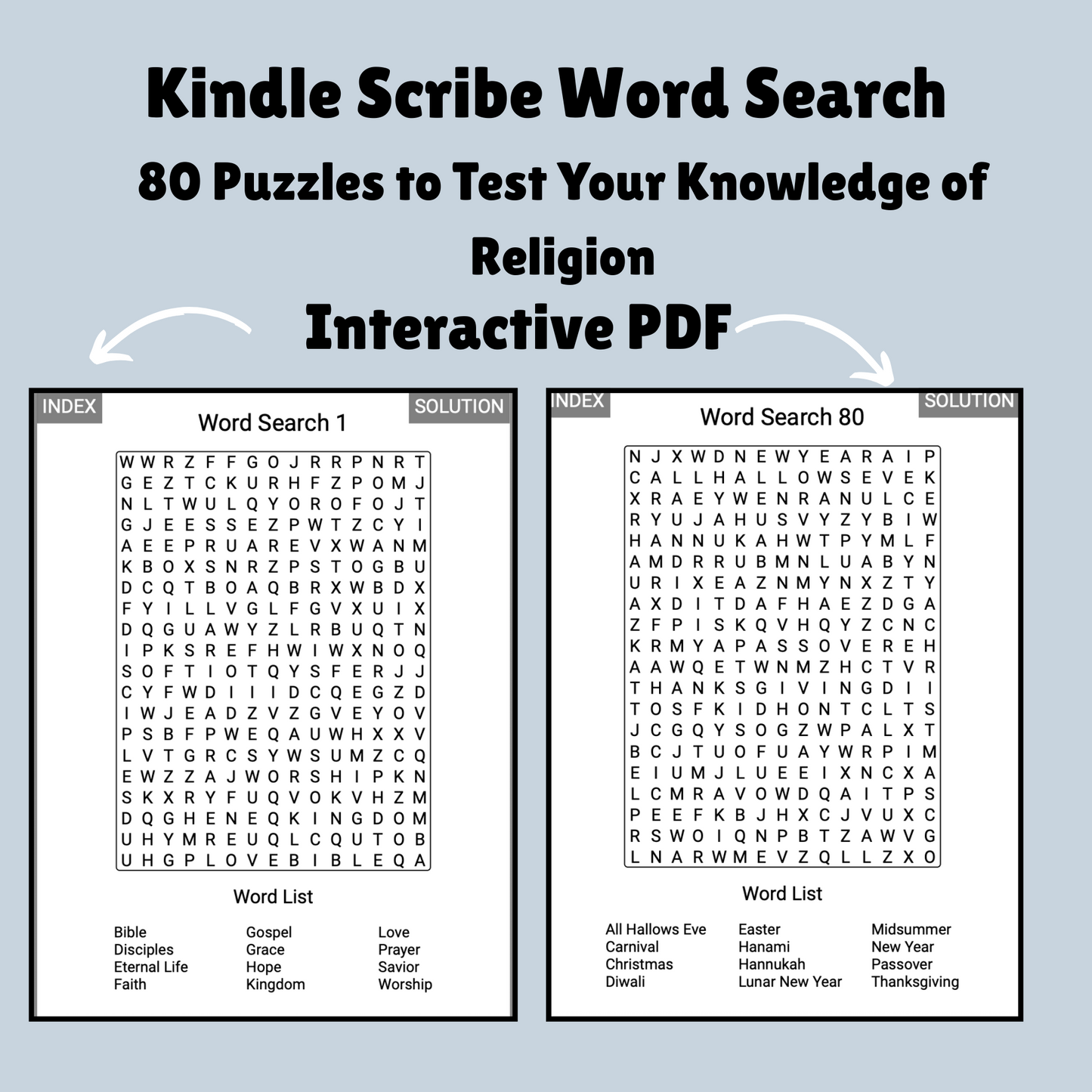80 Kindle Scribe Word Search Puzzles, Religious Theme with Hyperlinked PDF