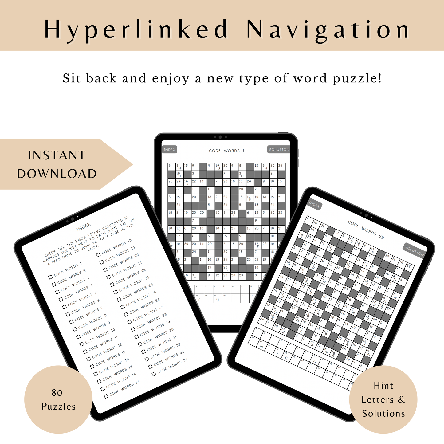 Three tablet screens displaying word puzzles with text about instant download and hint letters/solutions by Lillian Jacobs.