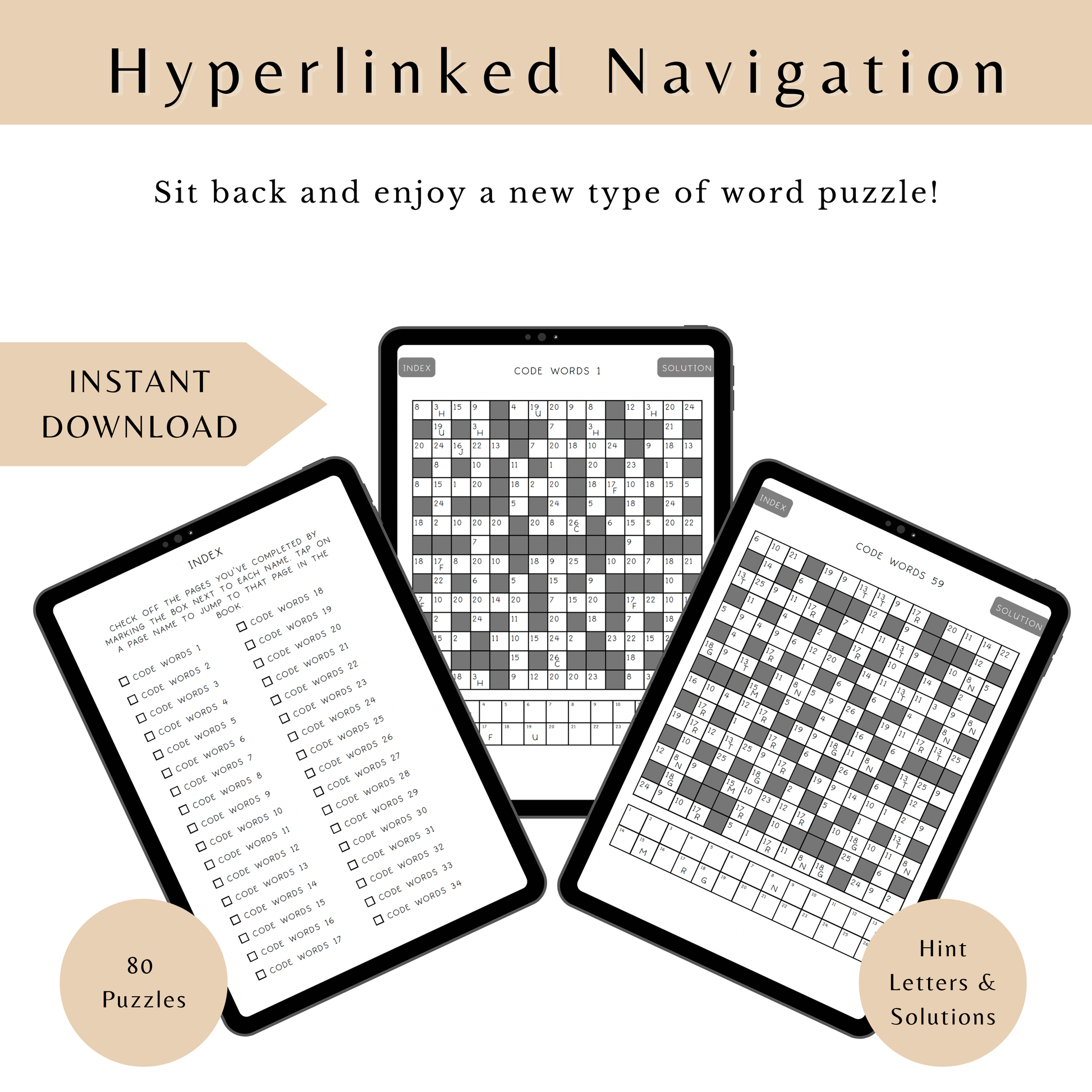 Three tablet screens displaying word puzzles with text about instant download and hint letters/solutions by Lillian Jacobs.