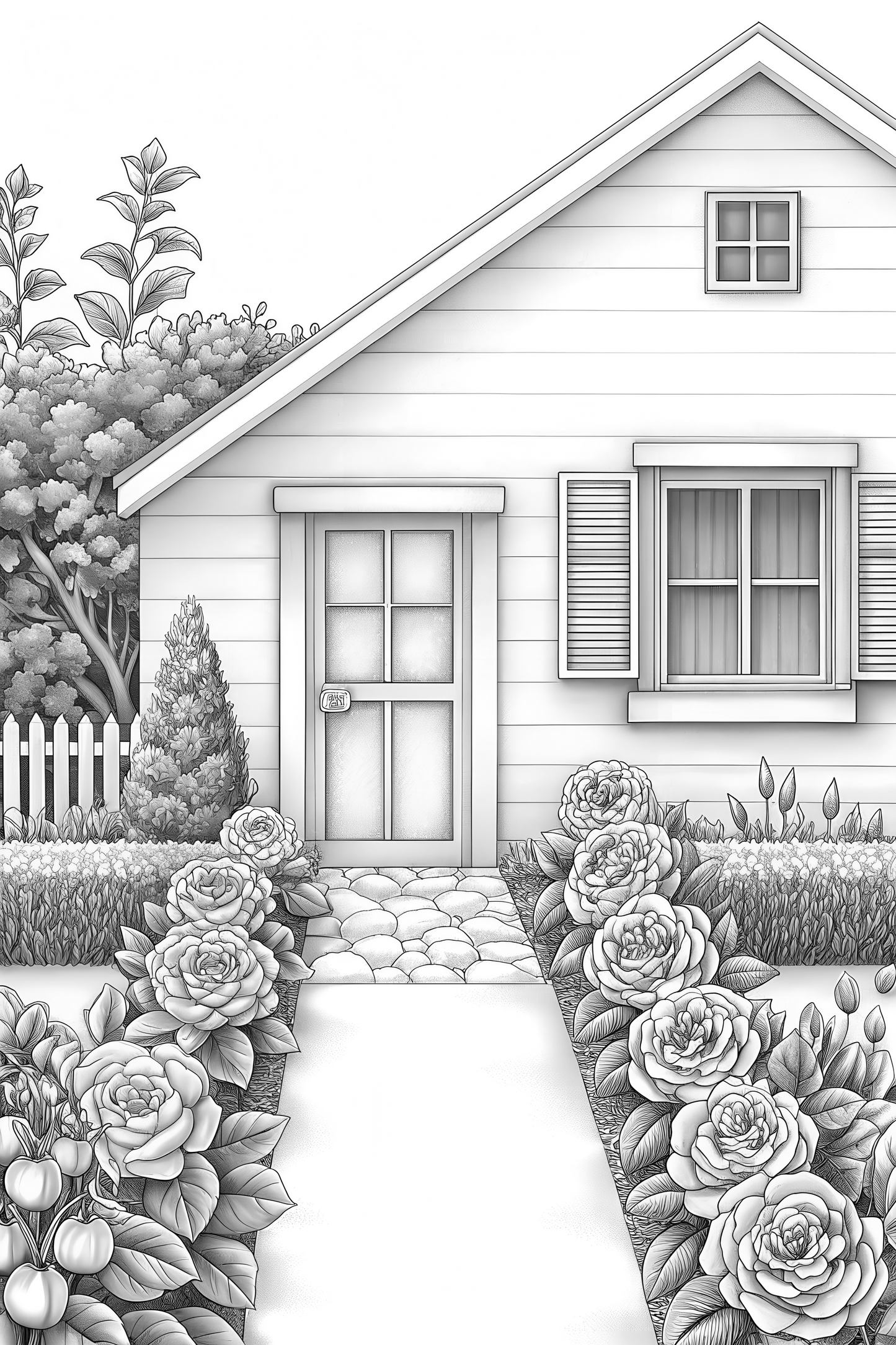 Country Homes & Gardens Grayscale Coloring Book for Adults, PDF Version