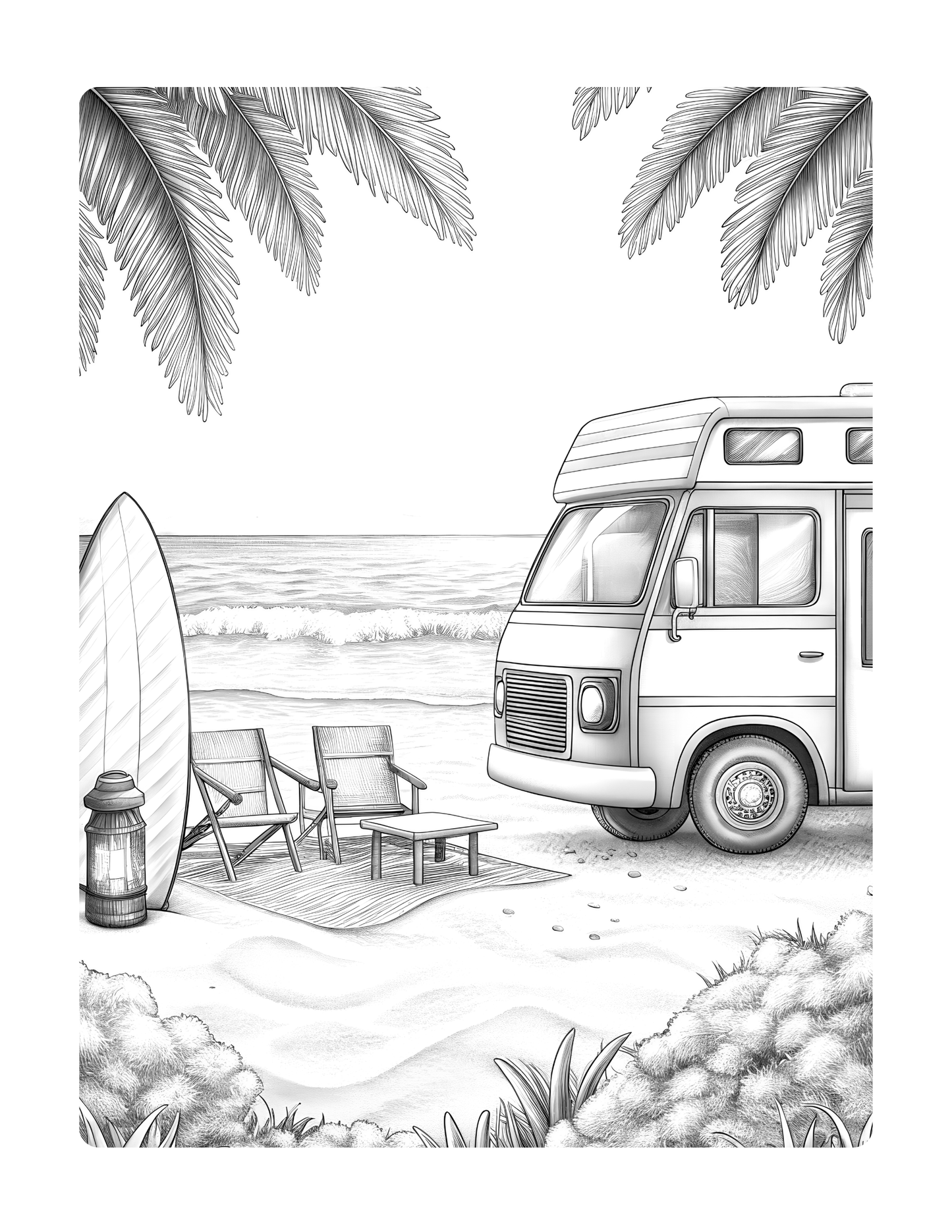 Greyscale coloring page of a camper van on a beach with palm trees and a surfboard.