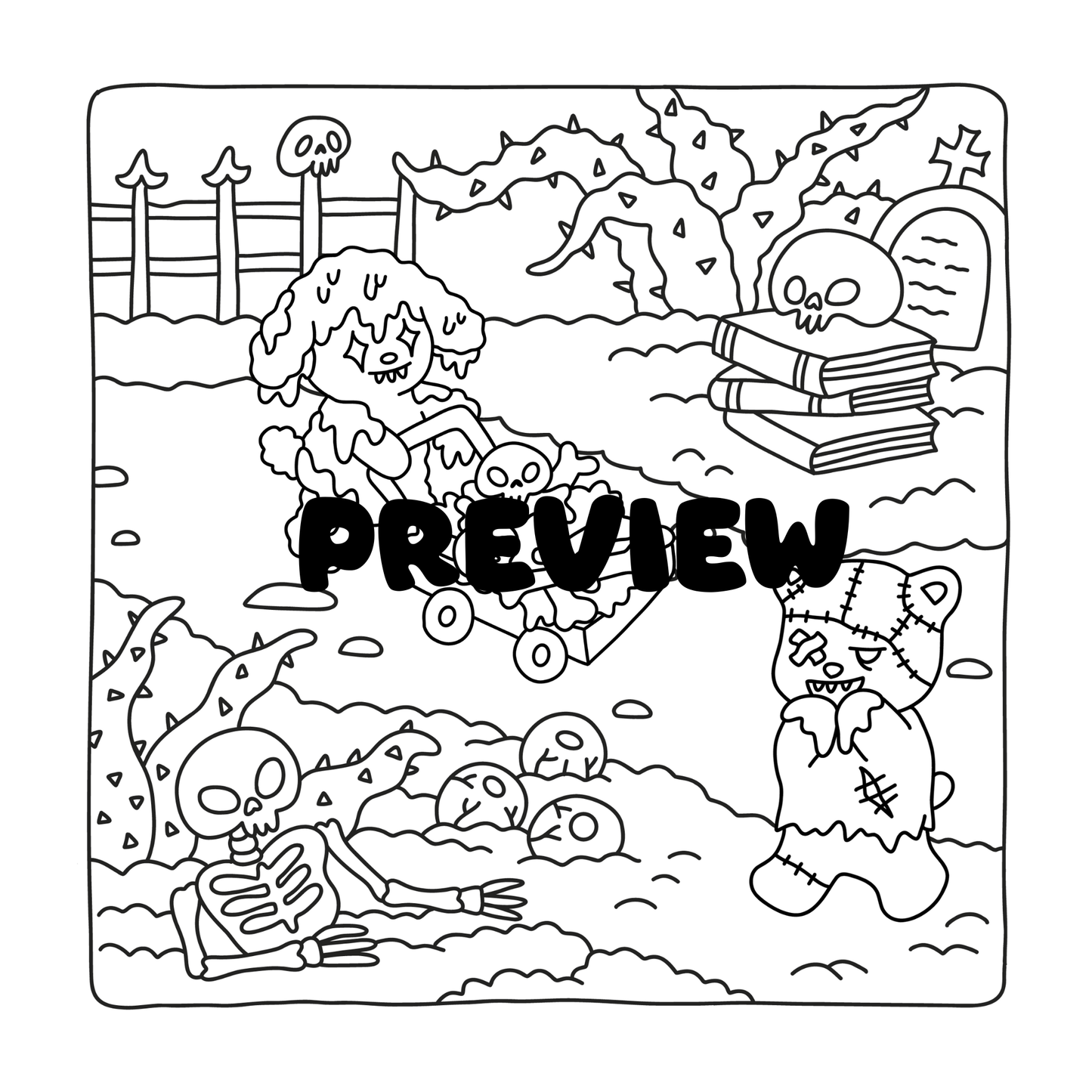 Cozy Zombie Friends PDF Coloring Book | 20 Hand-Drawn Scenes