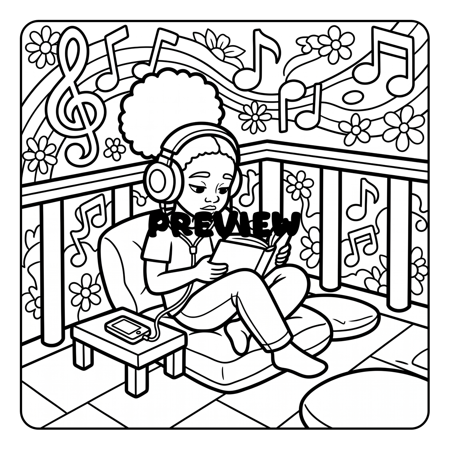 Black and white illustration of an African American cozy girl reading a book with headphones on, surrounded by musical notes and flowers by CMH Publishing.