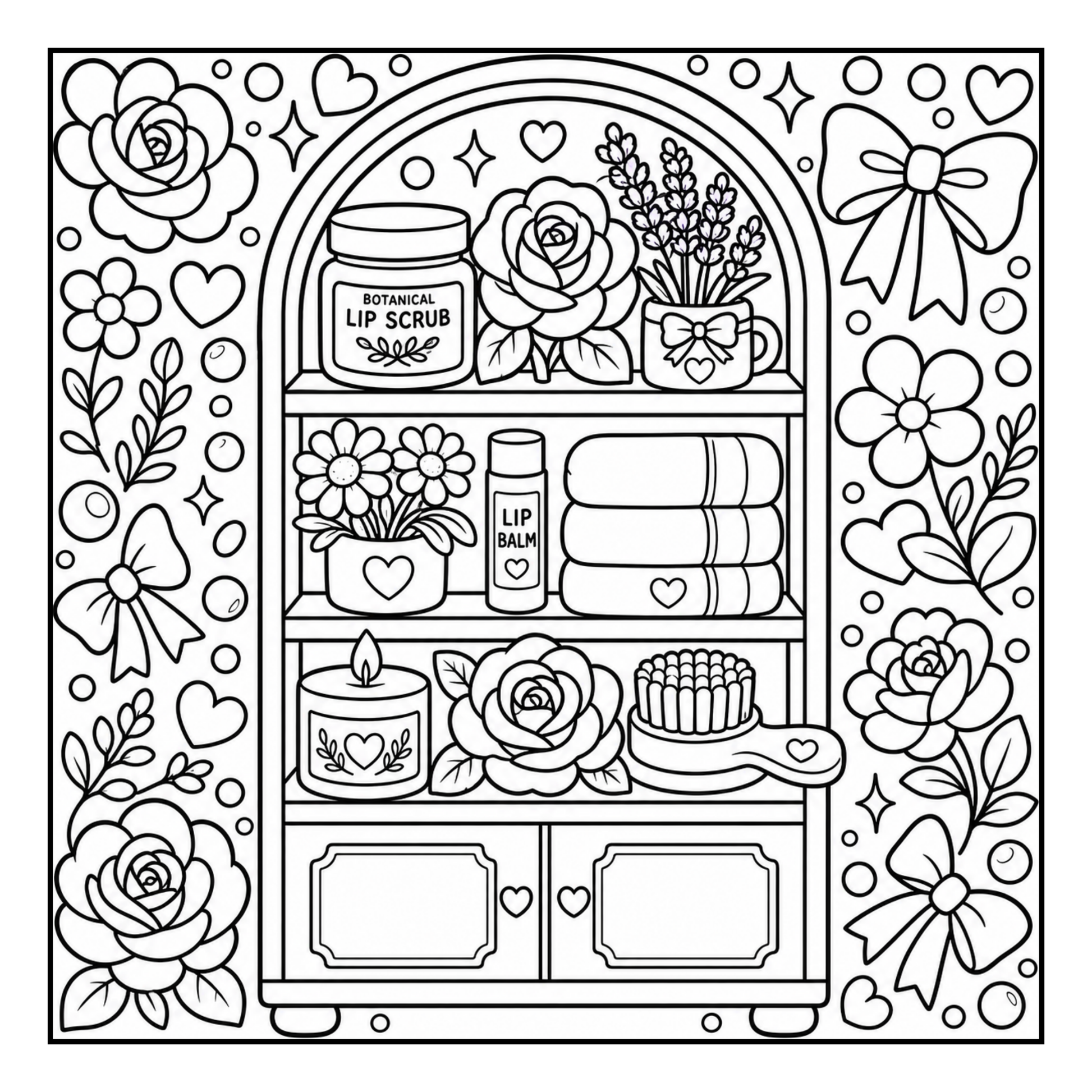 Coloring page with shelves displaying lip products and decorative elements by CMH Publishing.