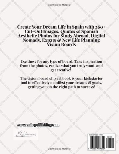 Back cover of 'Move to Spain Vision Board Clip Art Book' — vision board book by CMH Publishing