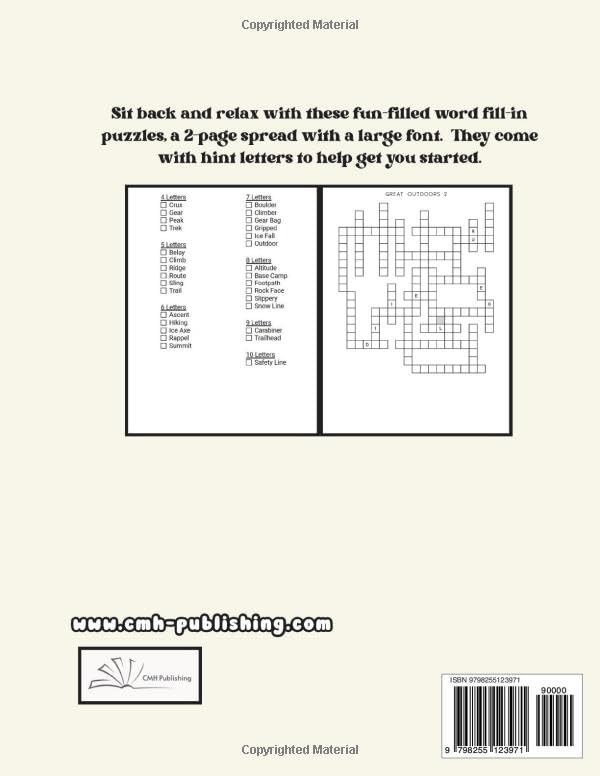 Back cover of 'A Great Outdoors Word Fill-In Book' — puzzle book by Lillian Jacobs