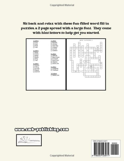 Back cover of 'A Great Outdoors Word Fill-In Book' — puzzle book by Lillian Jacobs