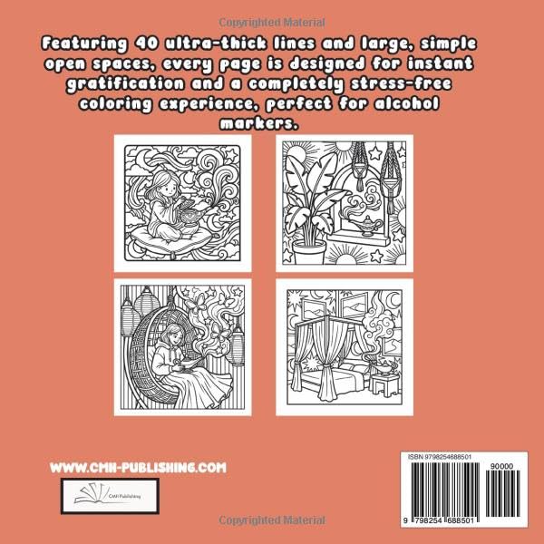 Back cover of 'Cozy Genie Magic Bold and Easy Girl Therapy Coloring Book' — adult coloring book by CMH Publishing