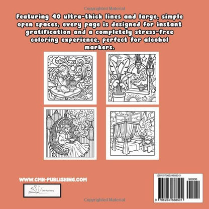 Back cover of 'Cozy Genie Magic Bold and Easy Girl Therapy Coloring Book' — adult coloring book by CMH Publishing